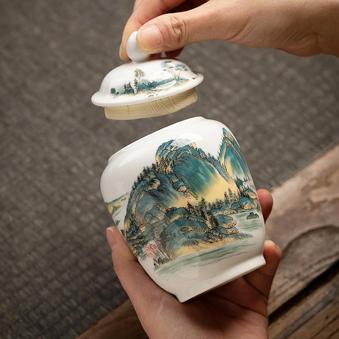 Fenteer Ceramic Ginger Jar Vase Multi Purpose Decorative with Lid Porcelain Jars Asian Ginger Jar for Home Decor Countertop Home Floral Arrangement, Landscape