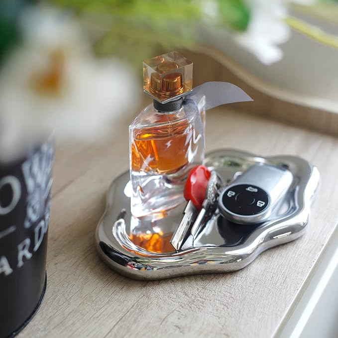 Jewelry Dish Trinket Tray for Women, Ring Dish Holder, Unique Cloud Shape Ceramic Plate Cute Things Vanity Aesthetic Room Decor Mother's Day Birthday (Silver)