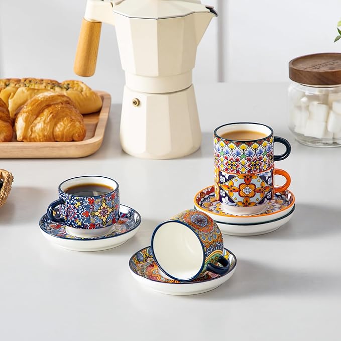 vancasso 2.5 Oz Stackable Espresso Cups with Saucers and Metal Stand Set of 4,Bohemian Ceramic Cappuccino Cups - Microwave and Dishwasher Safe, Perfect For Tea, Espresso, Latte, Cafe-01