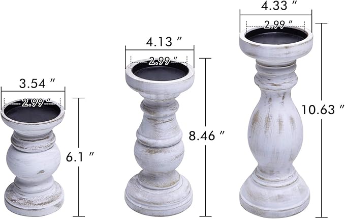 NIKKY HOME Rustic Pillar Candle Holder Set of 3 - Farmhouse Wood Candlestick Stand for Mantle, Fireplace, Dining Table Centerpieces, Distressed White