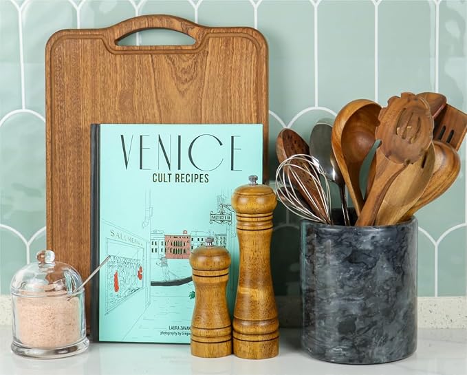 HillSpring Black Marble Kitchen Utensil Holder, Weighted Utensils Organizer Crock for Countertop, Wine Chiller Bucket with Protective Padded Base