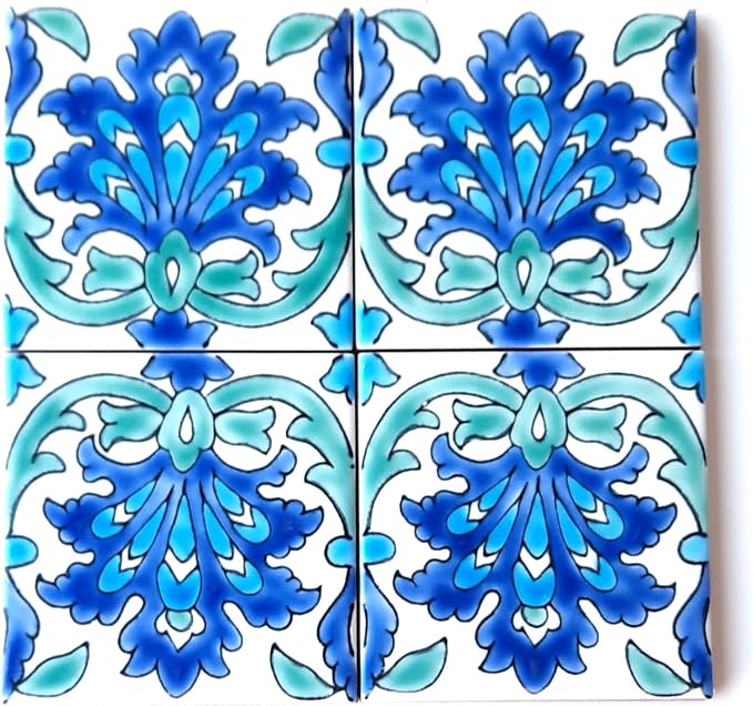 DŸARI Decorative Ceramic Tiles – Hand Painted Indoor & Outdoor Floor Tiles – Spanish Artisan Tile Top Kitchen – Mediterranean Decorative Tiles 4” × 4” – Durable Colorful Floor Tiles – 140 g (Eau V 1)