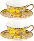 KAMMAK Tea Cups and Saucers Set of 2, Fine Bone China Coffee Cups, Stackable Espresso Mugs, Ceramic Demitasse for Coffee, Cappuccino, Latte, Americano, Tea, Full Bloom Yellow