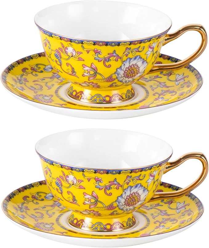 KAMMAK Tea Cups and Saucers Set of 2, Fine Bone China Coffee Cups, Stackable Espresso Mugs, Ceramic Demitasse for Coffee, Cappuccino, Latte, Americano, Tea, Full Bloom Yellow