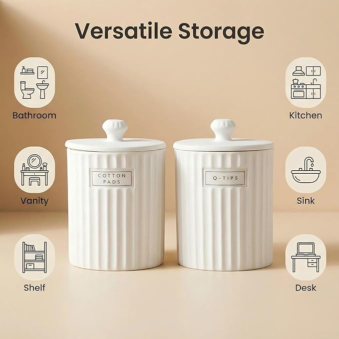 White Ceramic Bathroom Organizer and Storage Jars with Lid, 2 Pack Qtip Holder and Cotton Pad Dispenser, Apothecary Canisters for Vanity, Kitchen Countertop, Home Decor