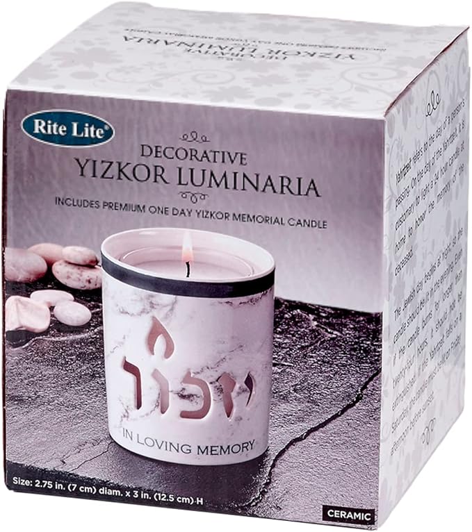 Rite Lite White Marble Ceramic Yizkor Memorial Candle Holder - 3” H - Yahrzeit Luminaria for Jewish Memorial Services, in Loving Memory Tribute - Elegant Design for Remembrance and Mourning