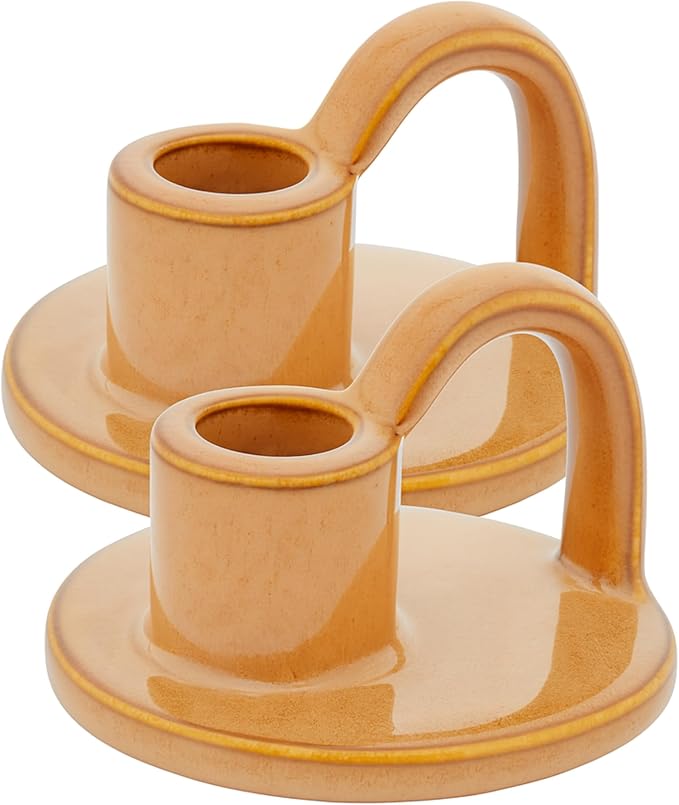 Ceramic Taper Candle Holders with Handle (Set of 2) – Tall Candlestick Holders for Table Decor Centerpieces, Rustic Home Décor, and Dinner Table Styling Tan