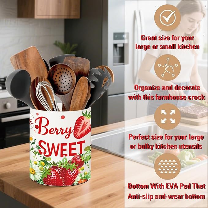 Strawberry Kitchen Decor, 6.5inch Ceramic Utensil Holder with Strawberry Design, Rustic-Style Indoor Kitchen Utensil Storage Rack, Ideal for Spoon Storage and Cooking Tools, Gift for Kitchen Organizer