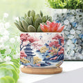 Blue Asia Tiered Tower Coral Pink Flower Small Planters for Succulents Set of 3 Chinoiserie Garden Scenery Ceramics Planters for Indoor Plants Chinoiserie Asian Succulents Plant Pot