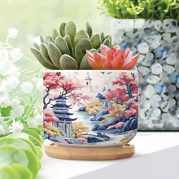 Blue Asia Tiered Tower Coral Pink Flower Small Planters for Succulents Set of 5 Chinoiserie Garden Scenery Ceramics Planters for Indoor Plants Chinoiserie Asian Succulents Plant Pot