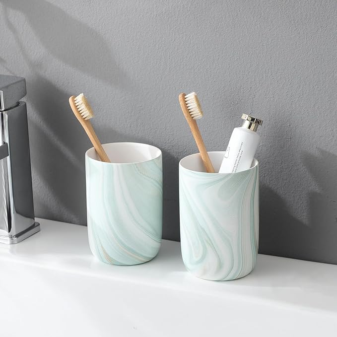Green Marble Toothbrush Holder - Ceramic Toothbrush Holder for Bathroom, Toothbrush Toothpaste Holder, Marble Bathroom Tumbler Cups Reusable Toothbrush Mouthwash Cup, Bathroom Counter Organizer
