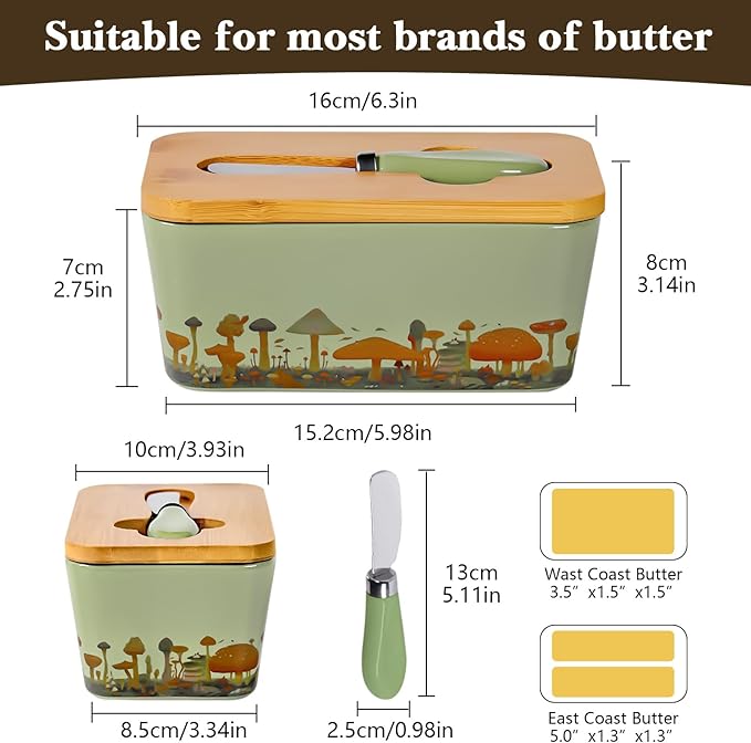 Mushroom Butter Dish with Lid,Large Butter Crock Keeper Saver,Ceramic Butter Container for Countertop with Highly Sealed Silicone Thick Wooden Lid for Kitchen Farmhouse Decor (Mint Green, Mushroom)