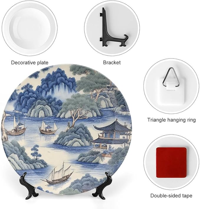Asian Scenic in Blue And Kelly Green Chinoiserie Vintage Plates for Display Festival Household Supplies Home Display Holiday Party Decorations Customize Gifts for Men Women Halloween, 6", 7", 9", 10"