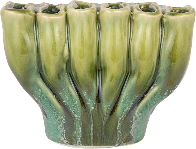Creative Co-Op Stoneware Sculptural Vase with 6 Sections with Reactive Glaze, Green