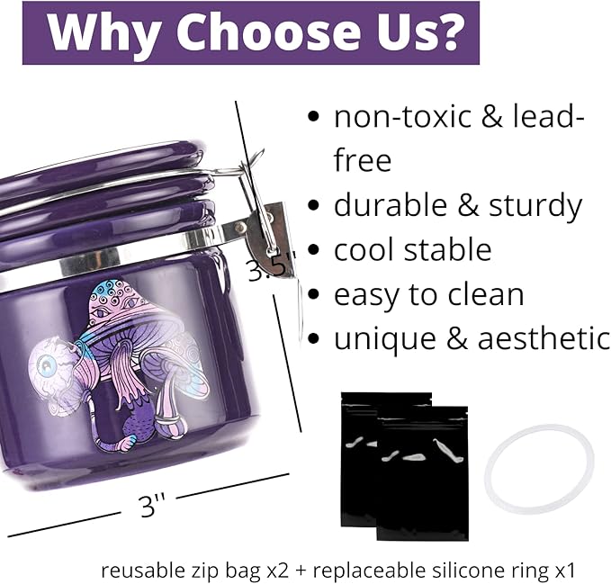 Mushroom Smell Proof Container Half Oz (250ml), Separate Space for Humidity Pack To Keep Herbs Fresh For Months - Cute Girly Stash Jar, Smell Proof Case Airtight Storage Holder Accessories - Purple