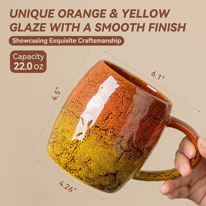 22oz Ergonomic Ceramic Mug with Unique Orange & Yellow Glaze – Microwave & Dishwasher Safe, Ideal Gift for Coffee Lovers, Unique Ceramic Coffee Cup for Yourself or Friends