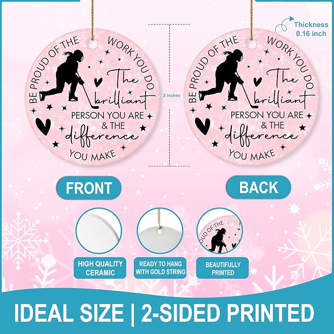 Ice Hockey Christmas Ornament -Round Ceramic 3", Holiday Tree Decoration Keepsake, Hockey Player Christmas Gifts for Girls