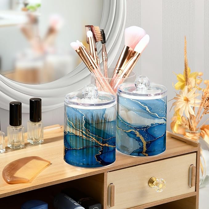 MNSRUU 2 Pack Qtip Holder Organizer Dispenser Blue White Marble Wave Bathroom Storage Canister Cotton Ball Holder Bathroom Containers for Cotton Swabs/Pads/Floss