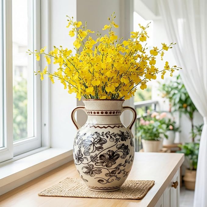 EFISPSS Ceramic Vintage Vase,Chinoiserie Rustic Farmhouse Floral Spring Decor for Home Decor Living Room Fireplace Office, Grey 8.4In