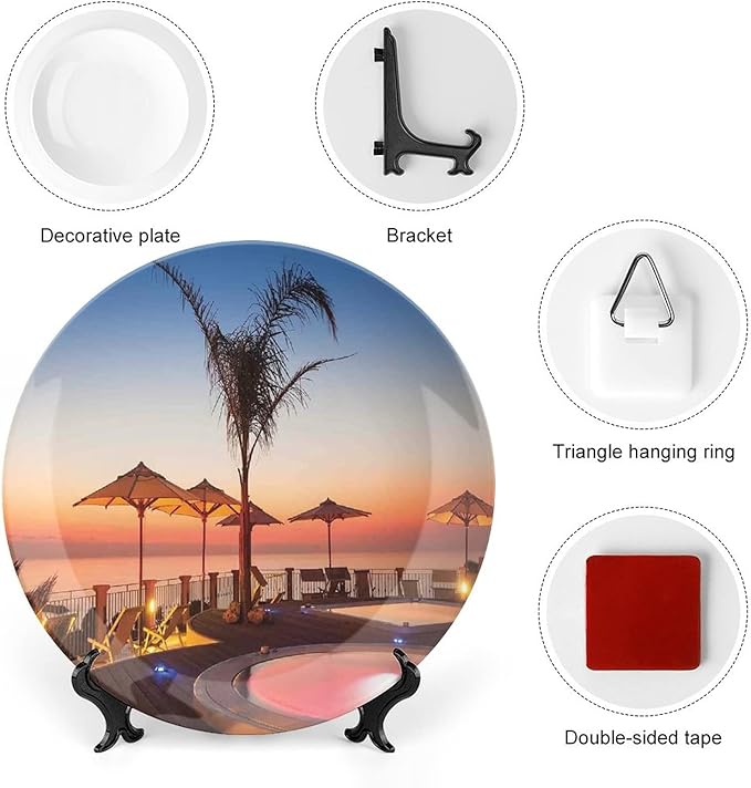 XISUNYA 6 Inch Decorative Plate,House Decor Round Porcelain,Summer Resort Place by The Sea at Evening Caribbean Print Ceramic Wall Hanging Decor Accessory for Dining Table Tabletop Home Decor