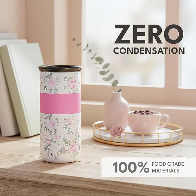 Elemental Artisan Insulated Tumbler, Triple Wall Coffee Travel Mug, Reusable Stainless Steel Coffee Tumbler with Ceramic Lid, Thermal Coffee Cups for Hot (6 Hrs) & Cold (18 Hrs), 16oz - Rose Garden