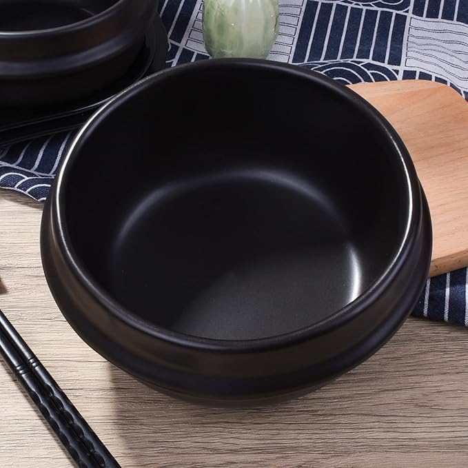 Korean Stone Bowl with Tray, Premium Ceramic Hot Pot for Bibimbap Soup, 27oz Small