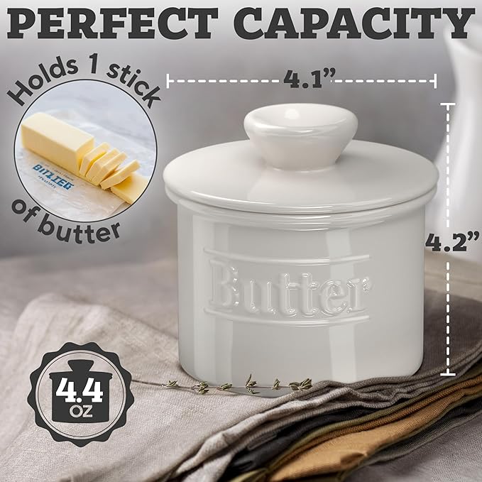 Premium Butter Crock with Lid - Original Design French Butter Dish - Beautiful Ceramic Butter Keeper for Counter with Water Line - Perfect to Keep Butter Soft and Spreadable - White