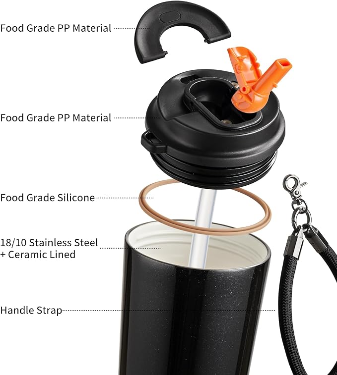 TKK Coffee Cup with Ceramic Coating - 14oz Insulated Stainless Steel Travel Mug, Leak-Proof Tumblers with Straw for Hot/Cold Beverages, Easy Wide Mouth Cleaning, Black