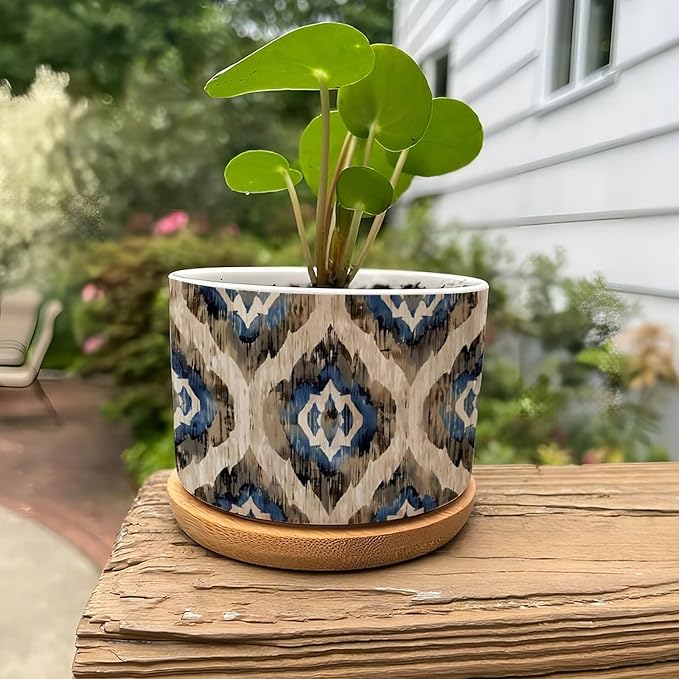 DreamAutumn Indigo Ikat Abstract Blue Ceramic Pots for Plants with Drainage Holes Round Flower Pot Bamboo Tray Orchid Pot Succulents Pots for Outdoor Indoor Plants,Housewarming Gifts
