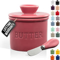 Zulay Kitchen Bell Shaped Butter Crock with Lid for Countertop with Water Line & Spreader Knife, Ceramic French Butter Dish Keeper For Fresh, Soft & Spreadable Butter - Dragonfruit