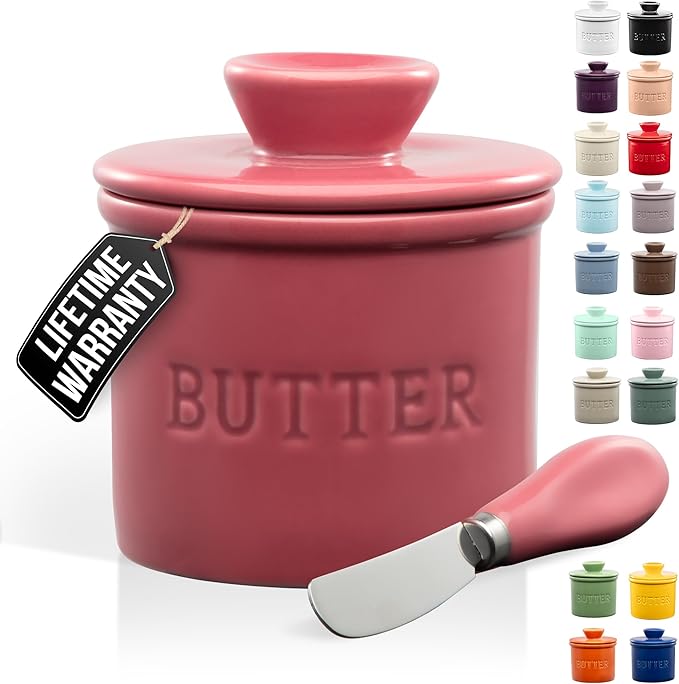 Zulay Kitchen Bell Shaped Butter Crock with Lid for Countertop with Water Line & Spreader Knife, Ceramic French Butter Dish Keeper For Fresh, Soft & Spreadable Butter - Dragonfruit