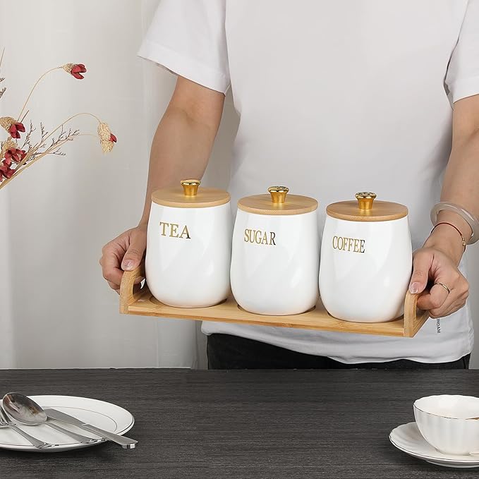JUXYES Set of 3 Ceramic Canisters Set for Sugar Coffee Tea With Handle Tray, Luxurious Storage Containers Sets with Lids Decorative Storage Pots White Ceramic Storage Jar for Kitchen Dining Room