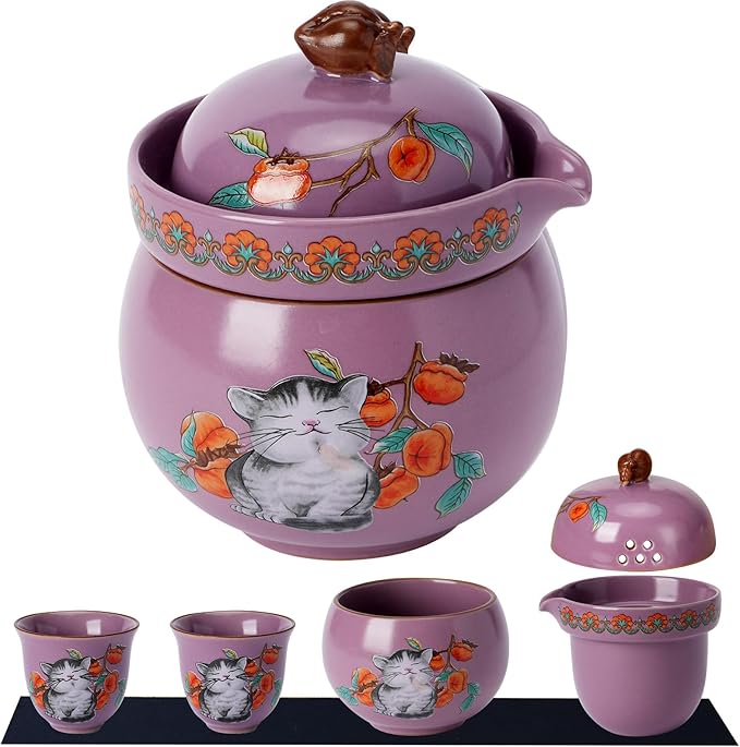 Mini Tea Cups,Cute Lucky Cat Cups,Small Tea Mugs,Porcelain Gongfu Tea set with 3 in 1,Tea Sets for Adults,Ceramic Tea Infuser Cup for Loose Leaf for Women/Tea Lovers/Birthday/Easter's Day (Purple)
