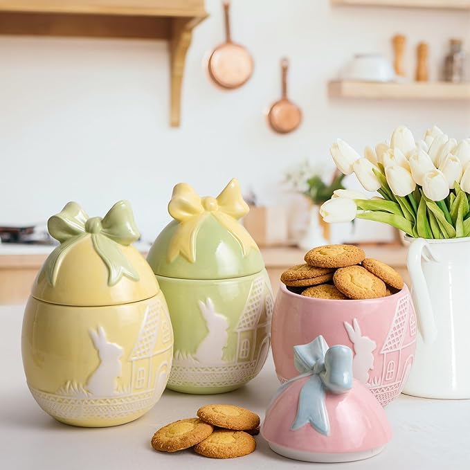 Easter Bunny Cookie Jar with Lid, Yellow Egg Candy Jar, Embossment Bunny Decorative Ceramic Storage Container Jar, Yellow Easter Bunny Egg Decorations for Home Kitchen Indoor Best Easter Gift