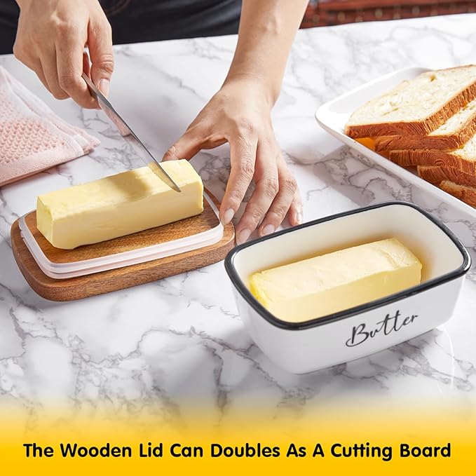 Butter Dish with Lid, ALELION Large Ceramic Butter Dish for Countertop, Butter Keeper with Thick Acacia Wood Lid, Kitchen Decor and Accessories for Kitchen Gifts, White