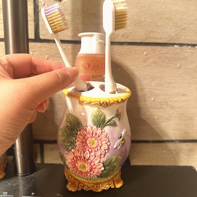 Ceramic Sunflower Bathroom Accessories Set, 4 Piece Bathroom Ensemble Set with Toothbrush Holder, Toothbrush Cup, Soap Dispenser, Soap Dish (Pink)