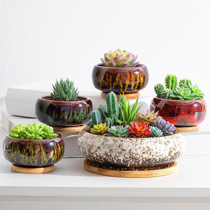5 Pcs 7.3'' and 4'' Round Large Shallow Succulent Ceramic Planter Pots with Drainage Hole Drip Glazed Shallow Bonsai Pot with Bamboo Tray for Indoor Outdoor Plants Decor Cactus Flower