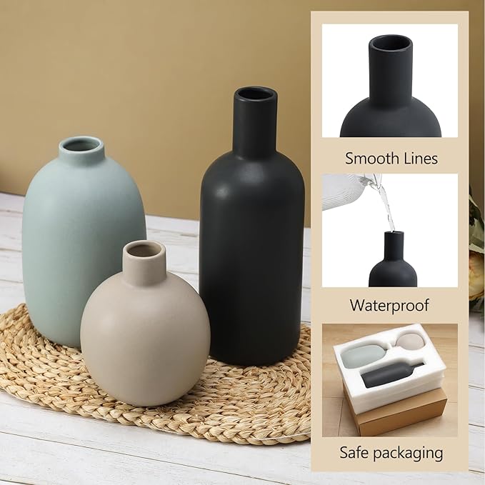 Ceramic Vase Set of 3, Large Neutral Rustic Vases for Farmhouse Decor, Pampas Grass & Dried Flowers and Table Living Room Home Decor
