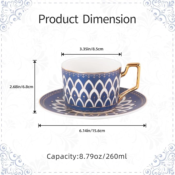 KAMMAK Tea Cups and Saucers Set of 2, Fine Bone China Coffee Cups, Stackable Espresso Mugs, Ceramic Demitasse for Coffee, Cappuccino, Latte, Americano, Tea, Matte Blue