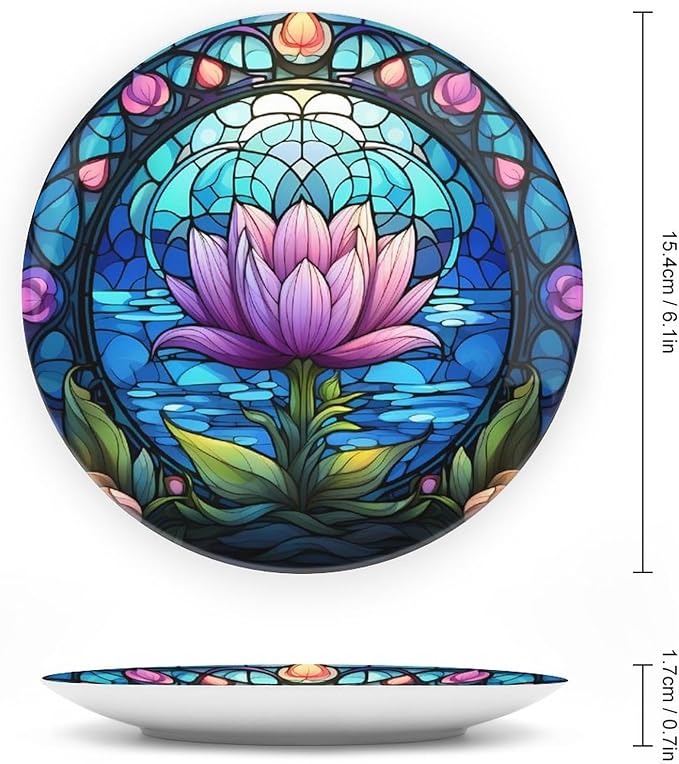 Decorative Plates, Purple Lotus Lake Landscape Stained Glass Painting Ceramic Dinner Plate Home Wobble-Plate w/ Display Stand, Wall Hanging Decor for Kitchen Household 6 Inch, Gifts for Lotus Lover