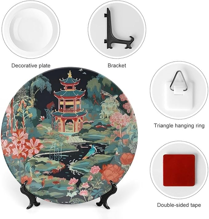 Chinoiserie Charcoal Coral Pagoda Asian Ceramic Decorative Plate of 6", 7", 9", 10", Custom Asian Colorful Pagoda Chinese Plates, Kitchen Farmhouse Decorations Home, 1 Plate with 1 Display Stand