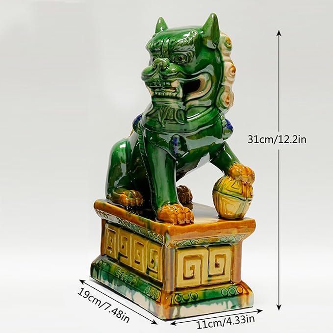 Handcrafted Ceramic Feng Shui Foo Dog Statues Pair Asian Guardian Lions for Office, Home, Housewarming, and Store Opening Gifts Traditional Chinese Decor,Yellow,7.48 * 12.2in