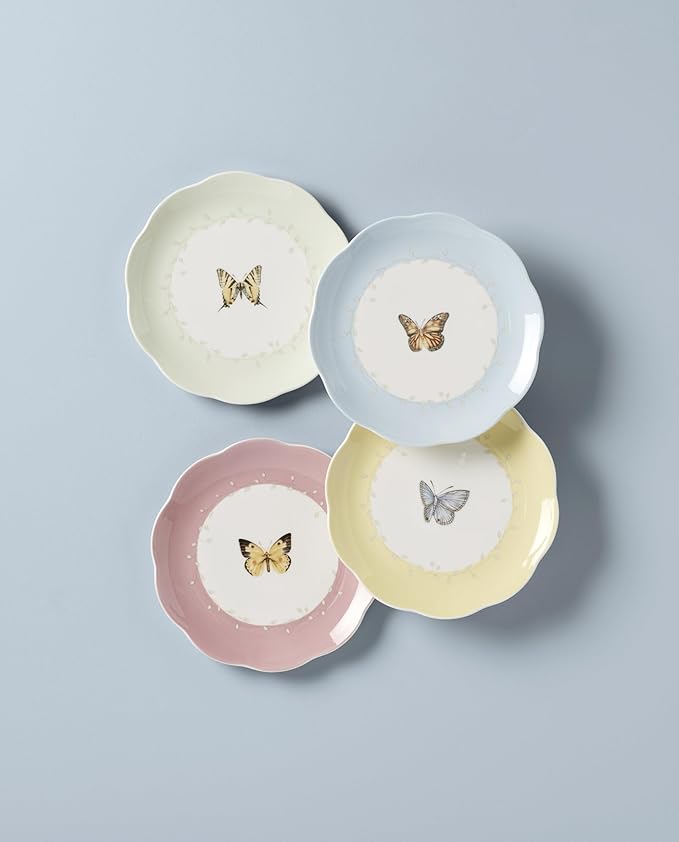 Lenox Dinnerware Set, Butterfly Meadow 4-Piece Dessert Plate Set, Service For 4, Microwave And Dishwasher Safe, Porcelain Plates, Salads And Pasta, Dish sets, Home & Kitchen (Assorted, 4 Pieces)