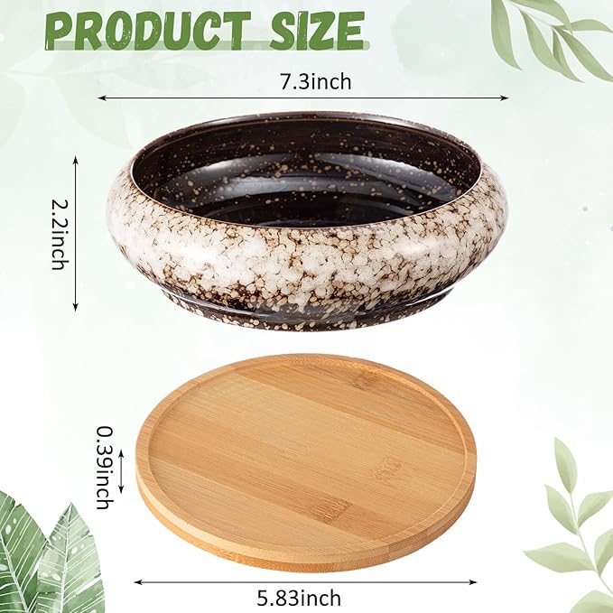 5 Pcs 7.3'' and 4'' Round Large Shallow Succulent Ceramic Planter Pots with Drainage Hole Drip Glazed Shallow Bonsai Pot with Bamboo Tray for Indoor Outdoor Plants Decor Cactus Flower
