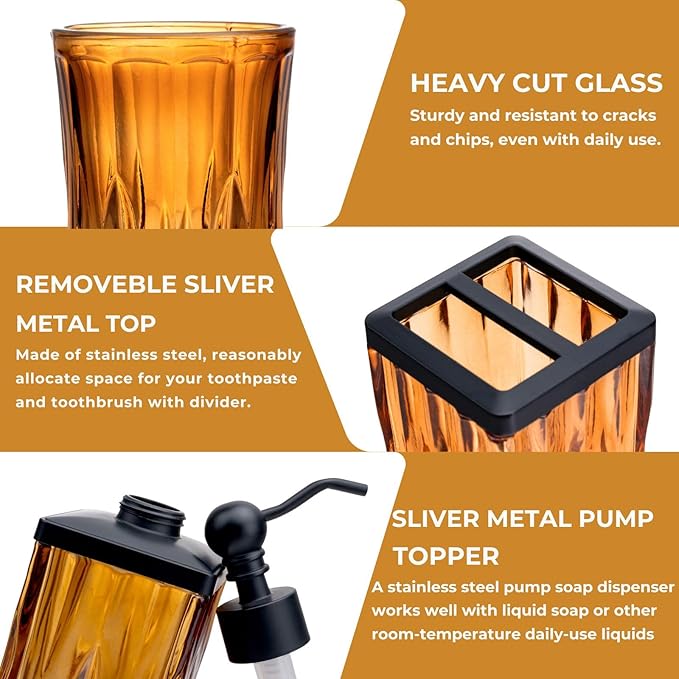 Bathroom Accessories Set,5 Pcs Amber Glass Bathroom Accessory Set,Complete Lotion Soap Dispenser,Toothbrush Holder,Soap Dish,Tumbler & Jar,Modern Bathroom Decor Sets Gift,Square