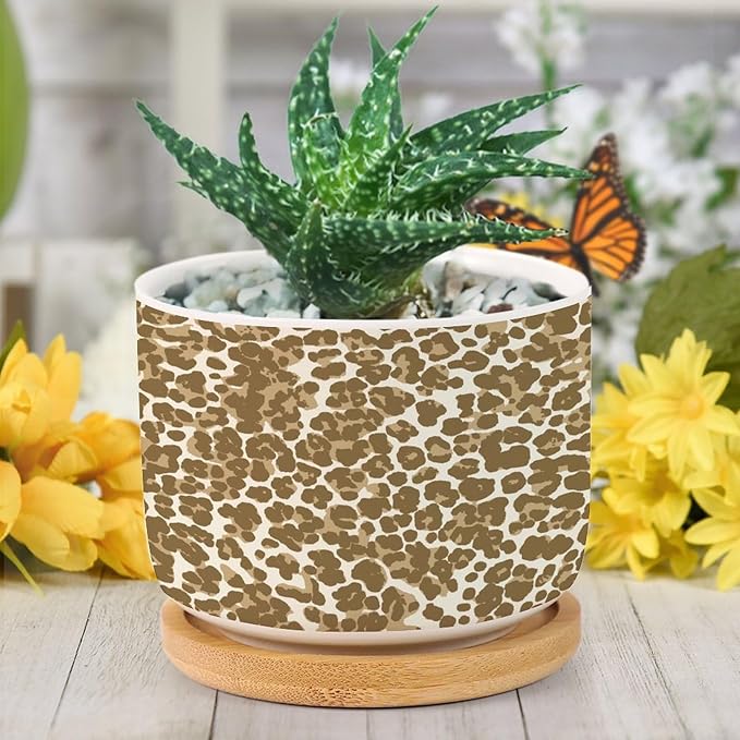 Leopard Brown and White Planter Ceramic African Tribal Animal Print Round Plant Pot with Drainage Holes and Bamboo Tray Pot for Succulents Cactus Garden Windowsill