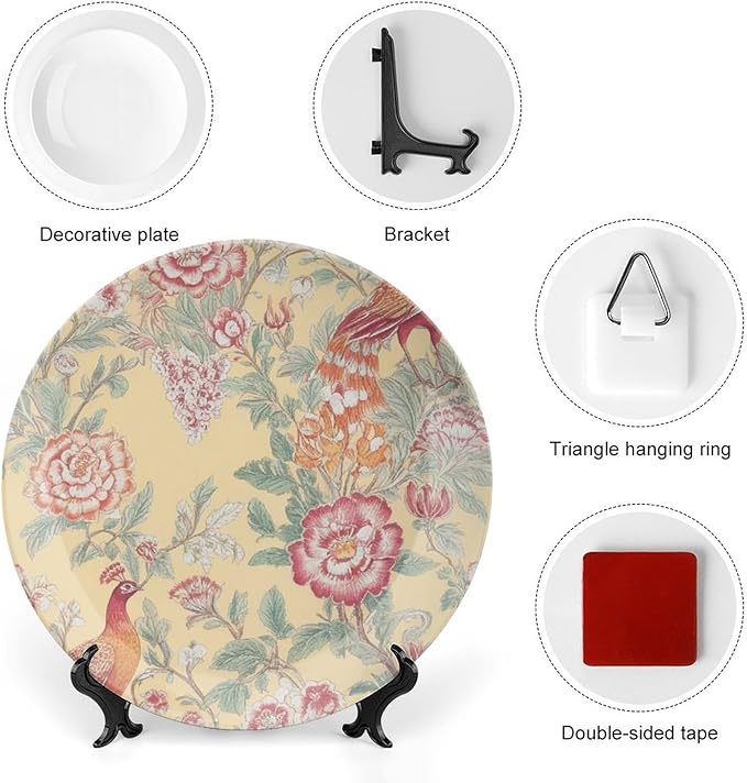 Garden Inspired Chinoiserie Birds Flowers Plates Ceramic of 6", 7", 8", 10", Custom Christmas Design Porcelain Dessert Plate Set Gifts Kitchen Display Decorations Table, Unique Art with Stand