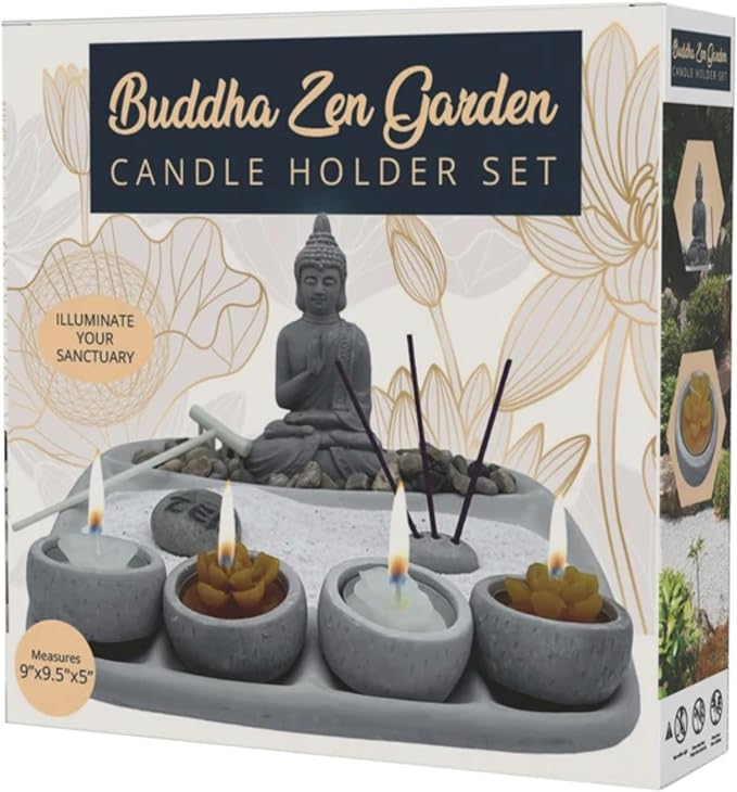 Buddha Zen Garden Candle Holder Set, Tabletop Meditation Kit with Incense Holder, Decorative Rocks and Sand