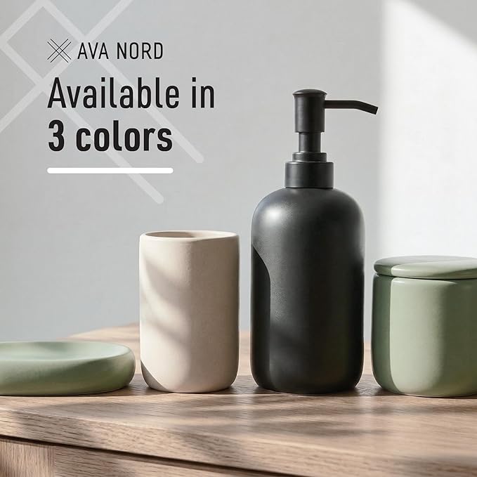 Ceramic Bathroom Accessories Set 4 Pcs – Modern Scandinavian Neutral Bathroom Soap Dispenser Set with Toothbrush Holder, Soap Dish & Cup – Minimalist Bathroom Accessory Set Decor - Sage Green