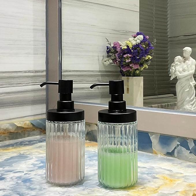 2 PCS Glass Soap Dispenser Set for Bathroom & Kitchen Sink Refillable Liquid Soap Bottle with Squeeze Pump for Hand Dish Soap, Shower Gel, Shampoo and Conditioner-425ML